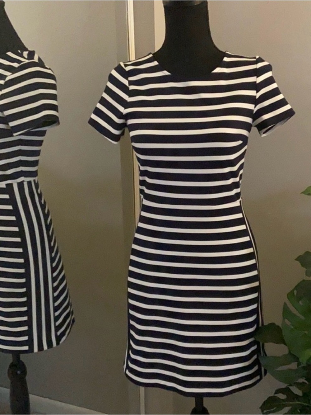 Express Navy and White Striped Short Sleeve Sheath Dress